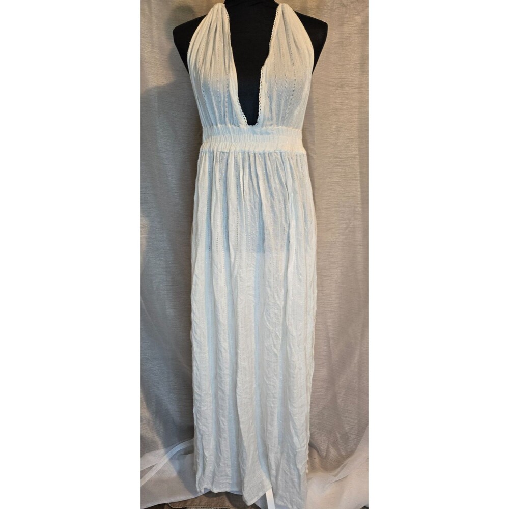 America & Beyond White Sparkle Halter Maxi Dress Lined Boho Resort Wear Size L B